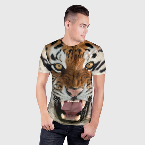 Мужская футболка 3D Slim Тигр молодой агрессивный, цвет 3D печать - фото 3