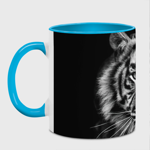 Кружка с полной запечаткой Тигр черно-белый портрет, цвет белый + небесно-голубой - фото 2