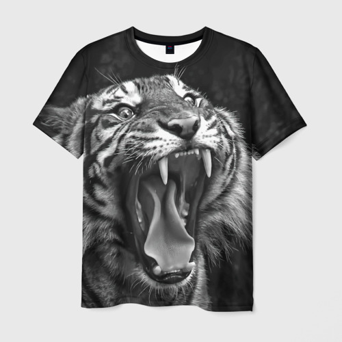 Мужская футболка с принтом Тигр  зевает, вид спереди №1