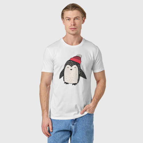 Мужская футболка хлопок Пингвин в шапке, цвет белый - фото 3