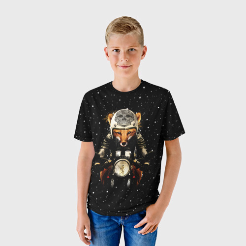 Детская футболка 3D с принтом Лис байкер, фото на моделе #1