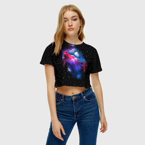 Женская футболка Crop-top 3D Воющий волк, цвет 3D печать - фото 3