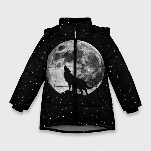 Зимняя куртка для девочек 3D с принтом Лунный волк, вид спереди #2