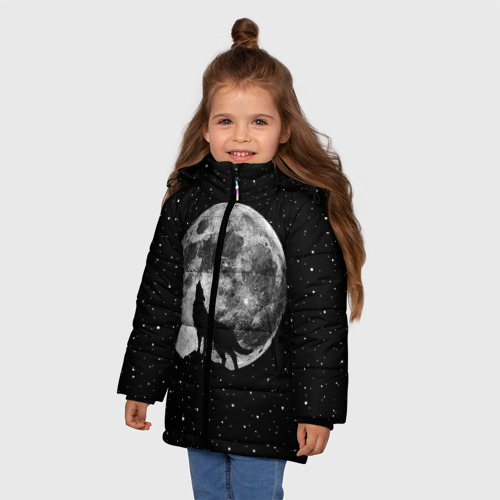 Зимняя куртка для девочек 3D с принтом Лунный волк, фото на моделе #1