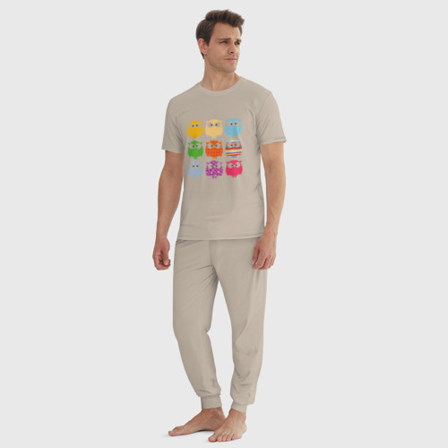 Мужская пижама хлопок Цветные совы, цвет миндальный - фото 5