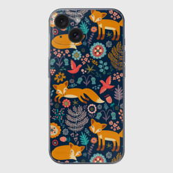 Чехол для iPhone 15 силиконовый с защитой камеры Лисички паттерн