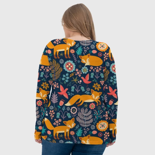 Женский лонгслив 3D с принтом Лисички паттерн, вид сзади #2