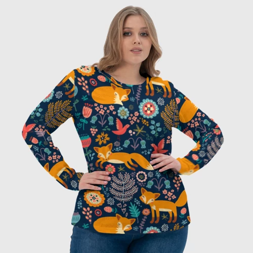 Женский лонгслив 3D с принтом Лисички паттерн, фото #4