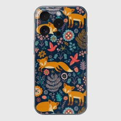 Чехол для iPhone 15 Pro силиконовый с защитой камеры Лисички паттерн