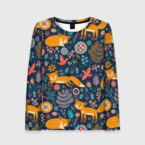 Женский лонгслив 3D с принтом Лисички паттерн, вид спереди #2