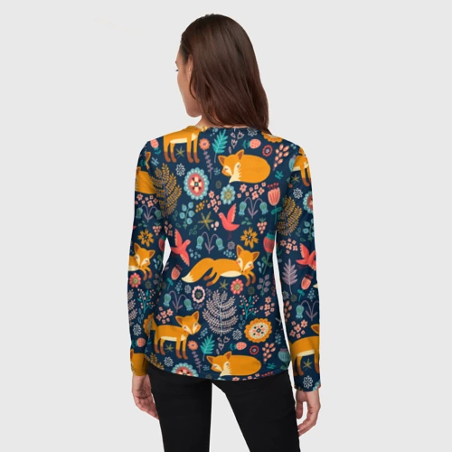 Женский лонгслив 3D с принтом Лисички паттерн, вид сзади #2