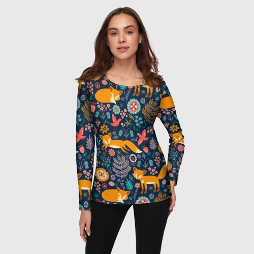 Женский лонгслив 3D с принтом Лисички паттерн, фото на моделе #1