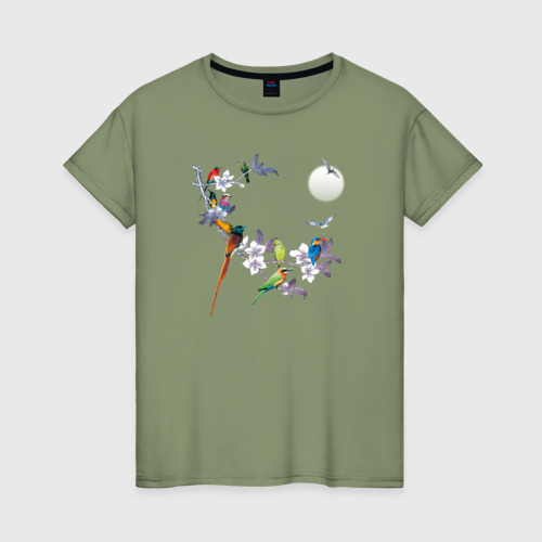 Женская футболка хлопок экзотические птицы, цвет авокадо