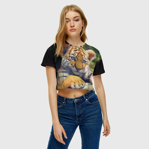 Женская футболка Crop-top 3D Тигренок, цвет 3D печать - фото 3