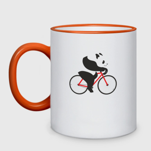 Кружка двухцветная Панда на велосипеде, цвет Кант оранжевый