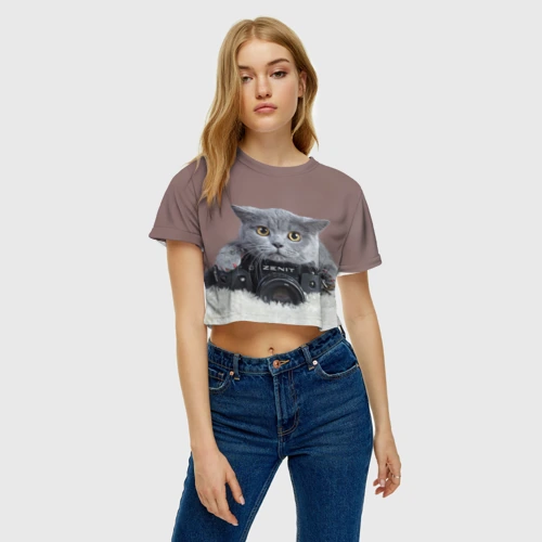 Женская футболка Crop-top 3D Котик фотограф