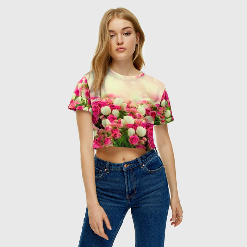 Женская футболка Crop-top 3D Цветы, цвет 3D печать - фото 3