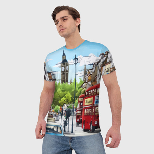 Мужская футболка 3D с принтом Улицы Лондона -Big Ben, фото на моделе #1