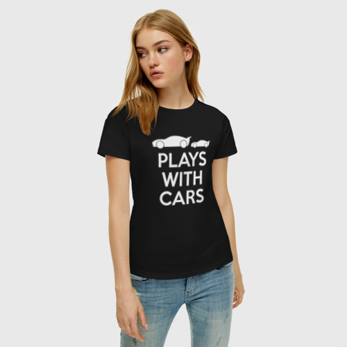 Женская футболка хлопок Plays with cars, цвет черный - фото 3