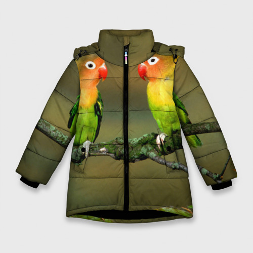 Зимняя куртка для девочек 3D с принтом Попугаи, вид спереди #2