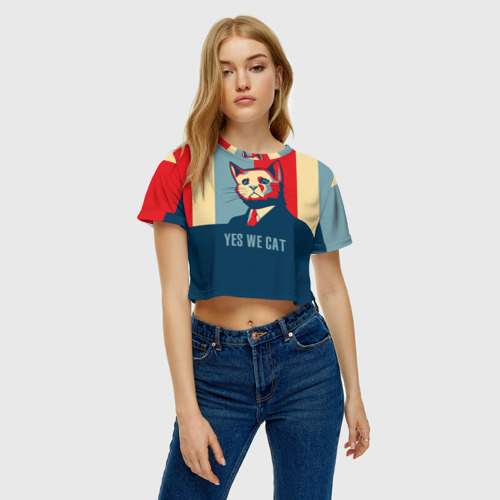 Женская футболка Crop-top 3D Yes we cat, цвет 3D печать - фото 3