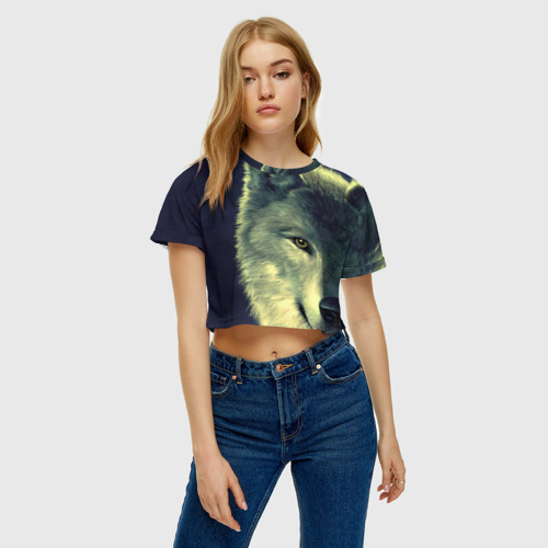 Женская футболка Crop-top 3D Серый волк, цвет 3D печать - фото 3