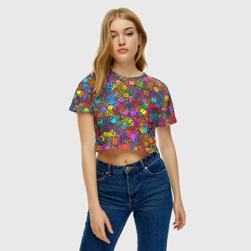 Женская футболка Crop-top 3D Разноцветные отпечатки рук, цвет 3D печать - фото 3