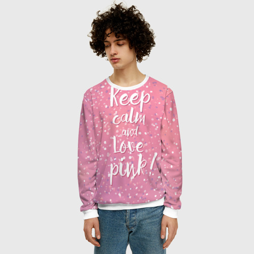 Мужской свитшот 3D Keep calm and love pink, цвет белый - фото 3