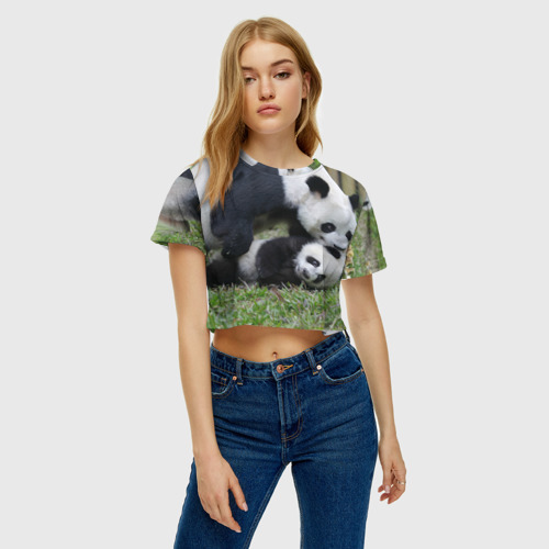 Женская футболка Crop-top 3D Мамочка и сыночек панды, цвет 3D печать - фото 3