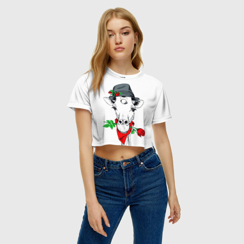 Женская футболка Crop-top 3D Жираф джентльмен, цвет 3D печать - фото 3