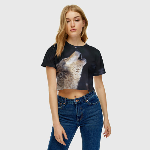 Женская футболка Crop-top 3D Вой серого волка, цвет 3D печать - фото 3