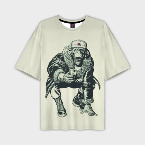 Мужская футболка оверсайз с принтом Обезьяна с пистолетом, вид спереди №1