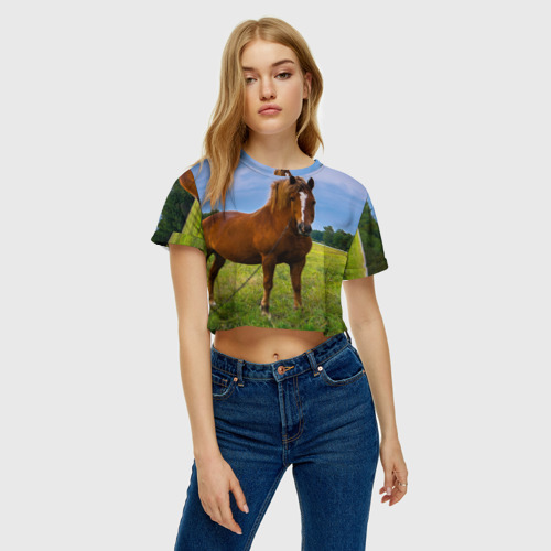 Женская футболка Crop-top 3D Конь, цвет 3D печать - фото 3