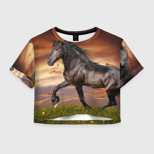 Женская футболка Crop-top 3D Черный конь, цвет 3D печать
