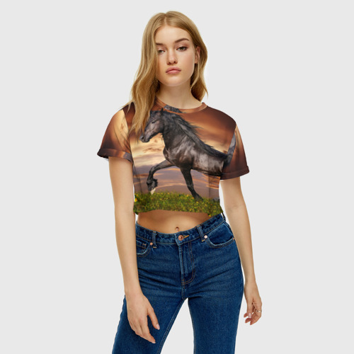 Женская футболка Crop-top 3D Черный конь, цвет 3D печать - фото 3