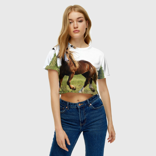 Женская футболка Crop-top 3D Лошадь, цвет 3D печать - фото 3