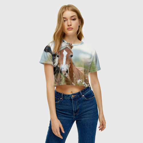 Женская футболка Crop-top 3D Лошадь, цвет 3D печать - фото 3