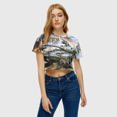 Женская футболка Crop-top 3D Танковый бой, цвет 3D печать - фото 3
