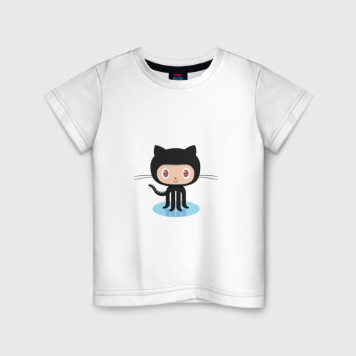 Детская футболка хлопок Github cat, цвет белый