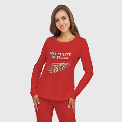 Женская пижама с лонгсливом хлопок Шашлычник 80 уровня, цвет красный - фото 5