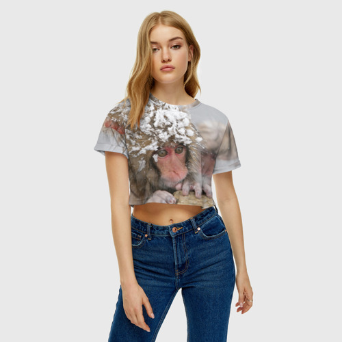 Женская футболка Crop-top 3D Обезьянка и зима, цвет 3D печать - фото 3