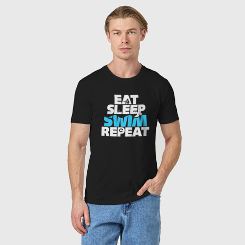 Мужская футболка хлопок Eat sleep swim repeat, цвет черный - фото 3