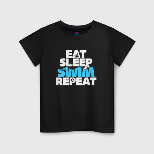 Детская футболка из хлопка с принтом Eat sleep swim repeat, вид спереди №1