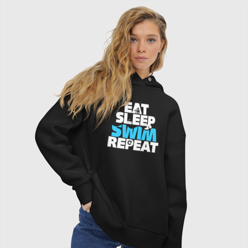 Женское худи Oversize хлопок Eat sleep swim repeat, цвет черный - фото 4