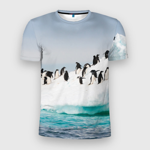 Мужская футболка 3D Slim с принтом Пингвины на айсберге, вид спереди #2