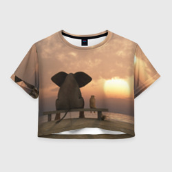 Женская футболка Crop-top 3D Слон с собакой на лавке, закат