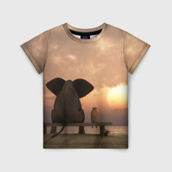 Детская футболка 3D Слон с собакой на лавке, закат