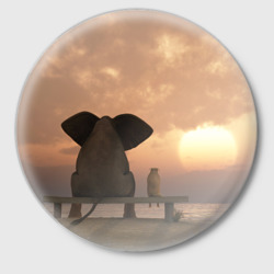 Значок Слон с собакой на лавке, закат