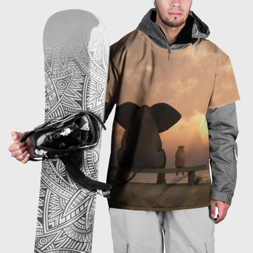 Накидка на куртку 3D Слон с собакой на лавке, закат