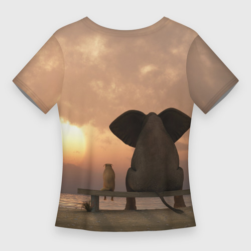 Женская футболка 3D Slim Слон с собакой на лавке, закат, цвет 3D печать - фото 2
